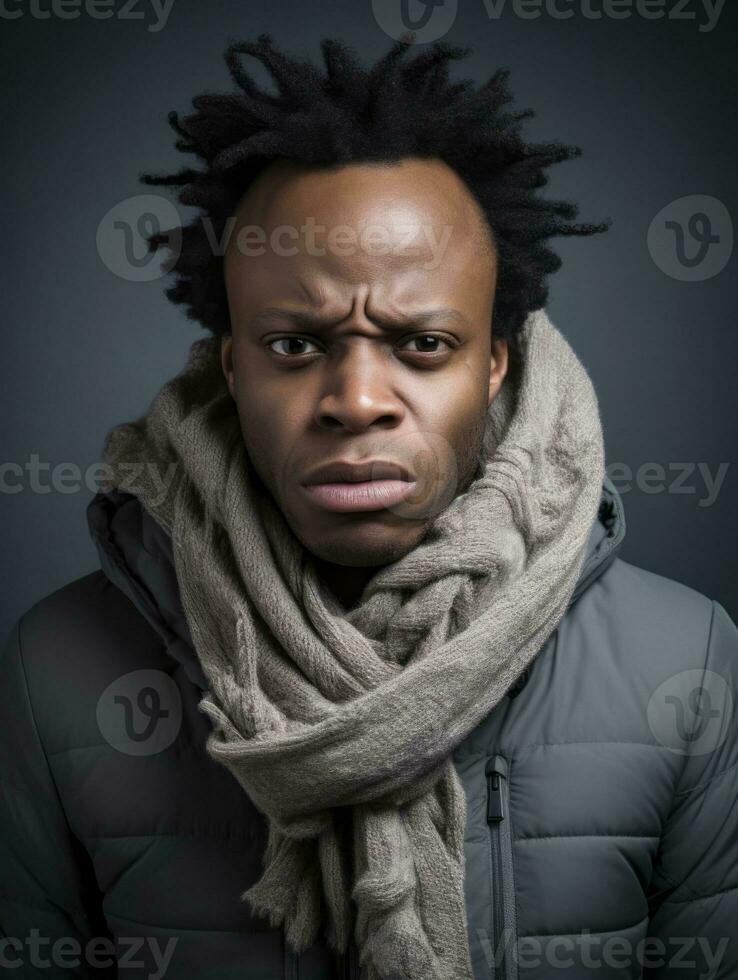 African man is shown suffering from cold with runny nose on grey background AI Generative photo