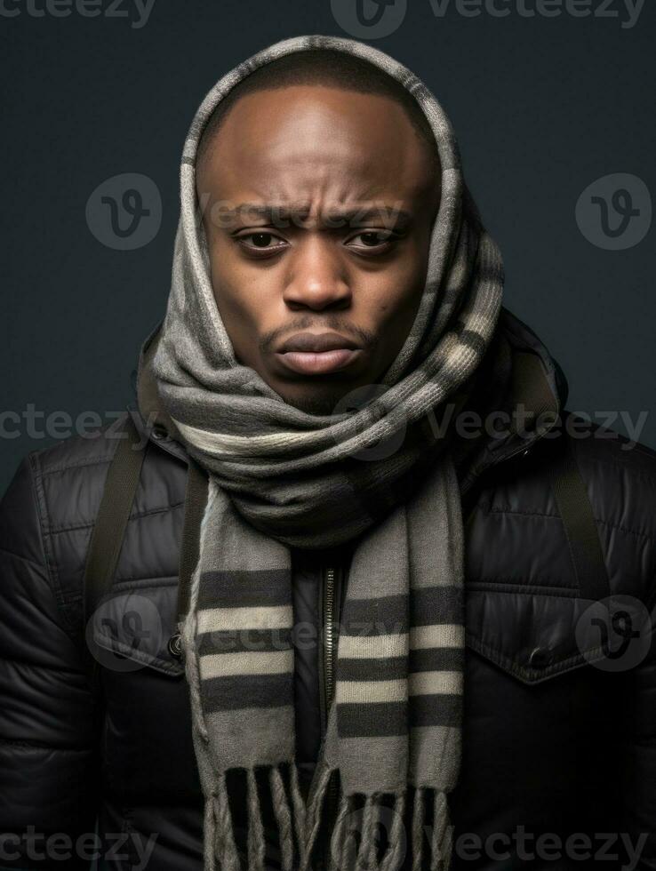 africano hombre es mostrado sufrimiento desde frío con líquido nariz en gris antecedentes ai generativo foto