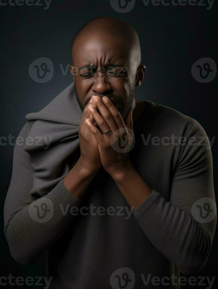 African man is shown suffering from cold with runny nose on grey background AI Generative photo