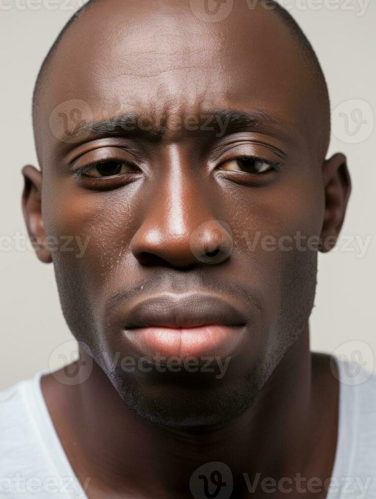 African man is shown suffering from cold with runny nose on grey background AI Generative photo