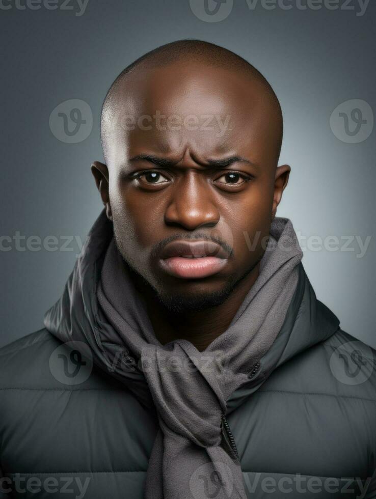 African man is shown suffering from cold with runny nose on grey background AI Generative photo