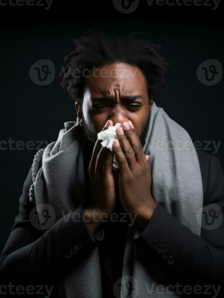 African man is shown suffering from cold with runny nose on grey background AI Generative photo