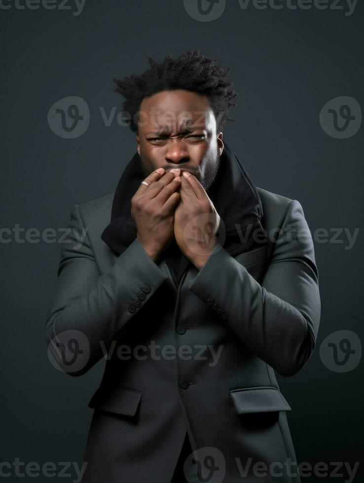 African man is shown suffering from cold with runny nose on grey background AI Generative photo