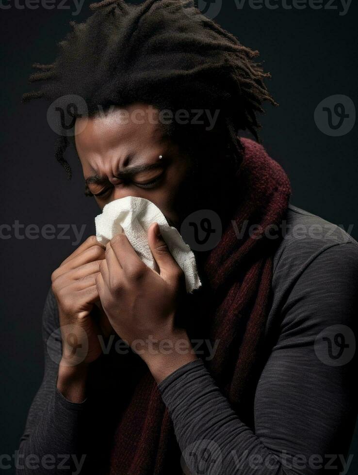 africano hombre es mostrado sufrimiento desde frío con líquido nariz en gris antecedentes ai generativo foto