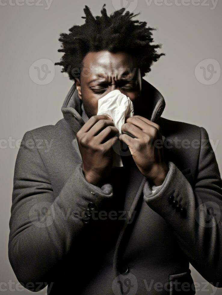 African man is shown suffering from cold with runny nose on grey background AI Generative photo
