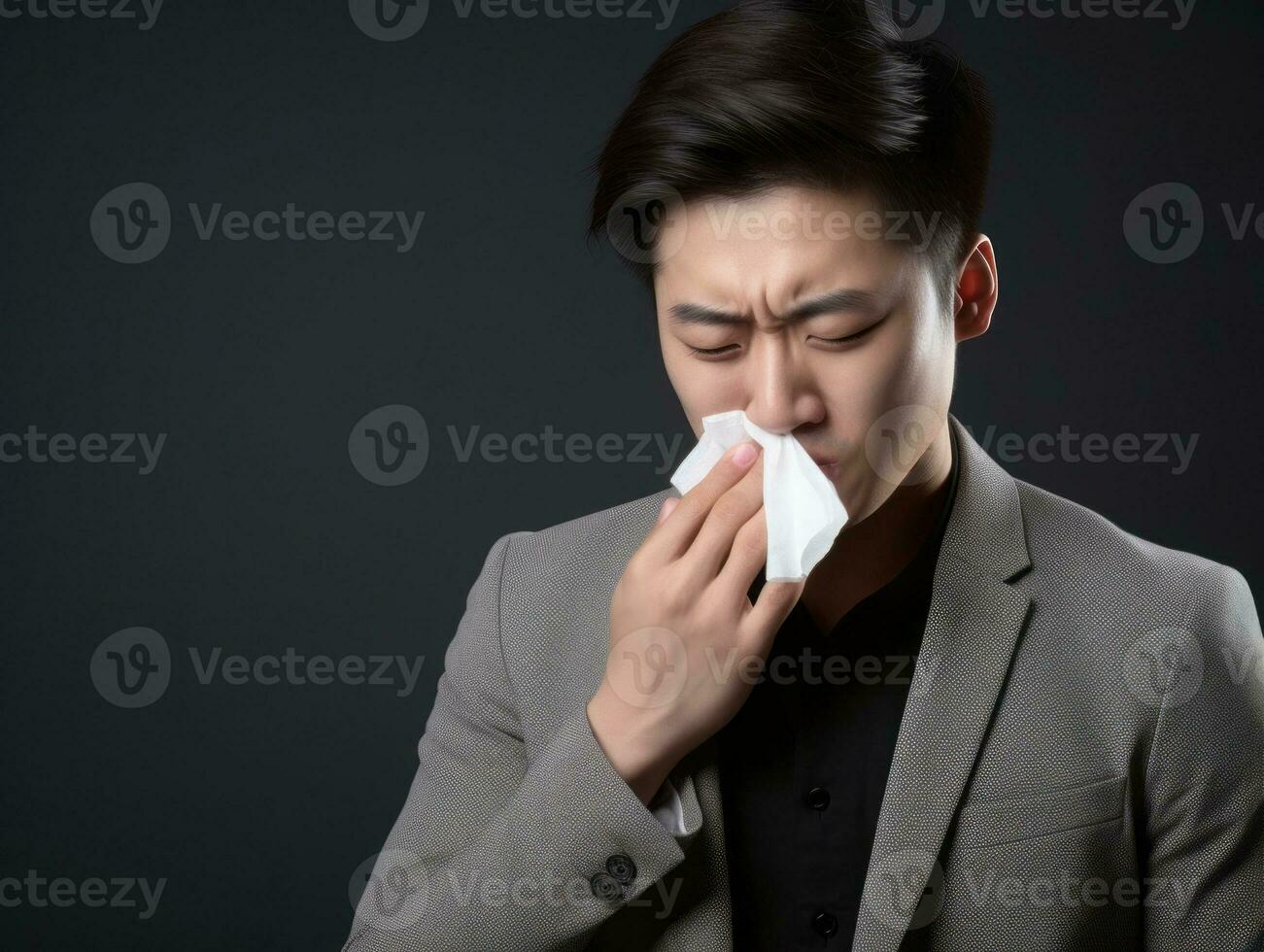 Asian man is shown suffering from cold with runny nose on grey background AI Generative photo