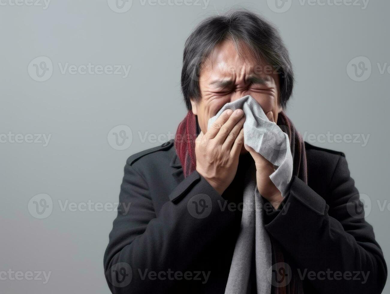 Asian man is shown suffering from cold with runny nose on grey background AI Generative photo