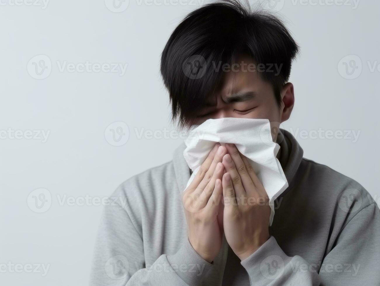 asiático hombre es mostrado sufrimiento desde frío con líquido nariz en gris antecedentes ai generativo foto