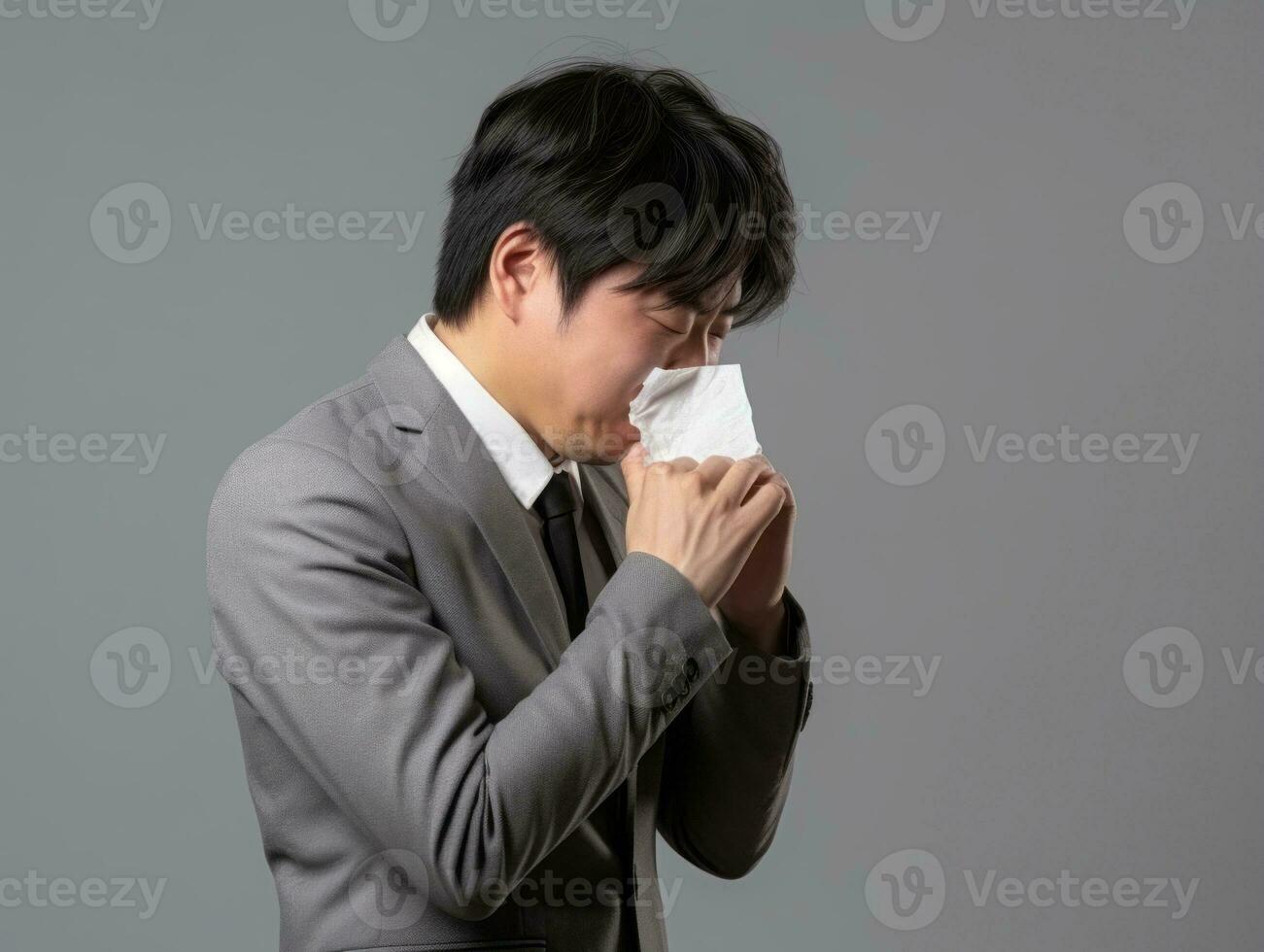 Asian man is shown suffering from cold with runny nose on grey background AI Generative photo