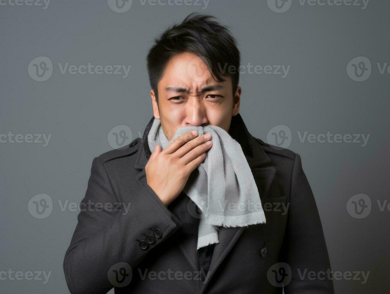 Asian man is shown suffering from cold with runny nose on grey background AI Generative photo