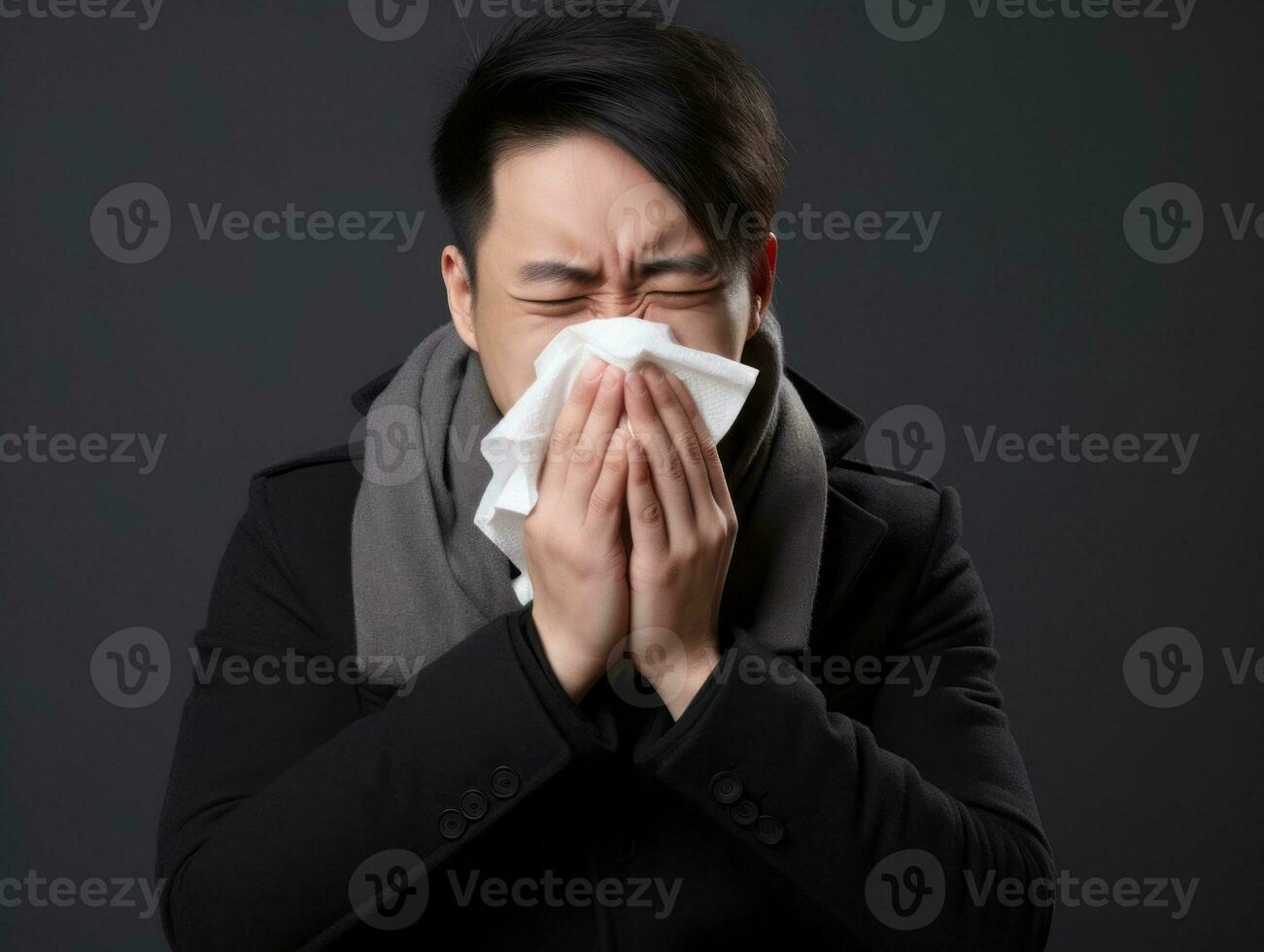 asiático hombre es mostrado sufrimiento desde frío con líquido nariz en gris antecedentes ai generativo foto