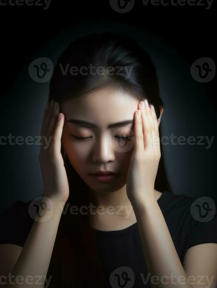 asiático mujer aparece a ser en dolor desde dolor de cabeza ai generativo foto