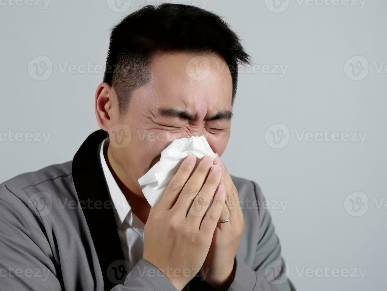 Asian man is shown suffering from cold with runny nose on grey background AI Generative photo