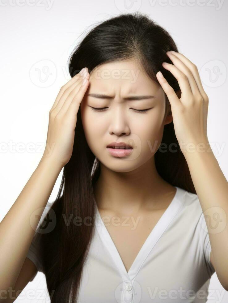 Asian woman appears to be in pain from headache AI Generative photo