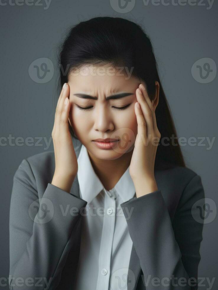 Asian woman appears to be in pain from headache AI Generative photo