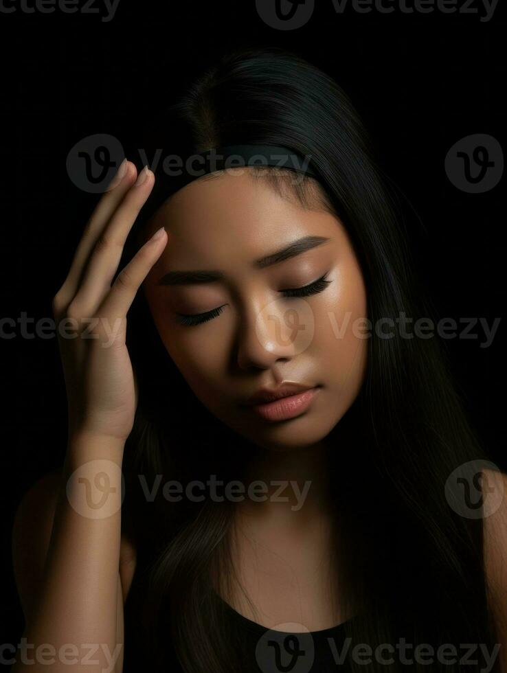 Asian woman appears to be in pain from headache AI Generative photo
