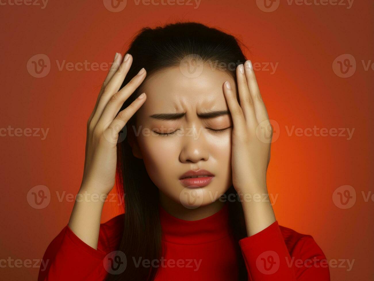Asian woman appears to be in pain from headache AI Generative photo