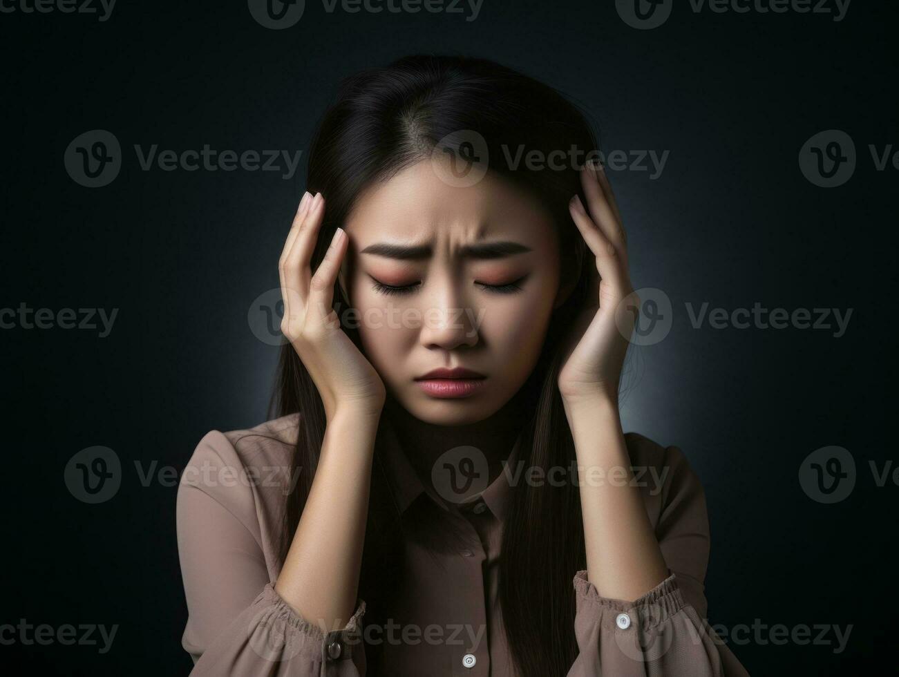 Asian woman appears to be in pain from headache AI Generative photo