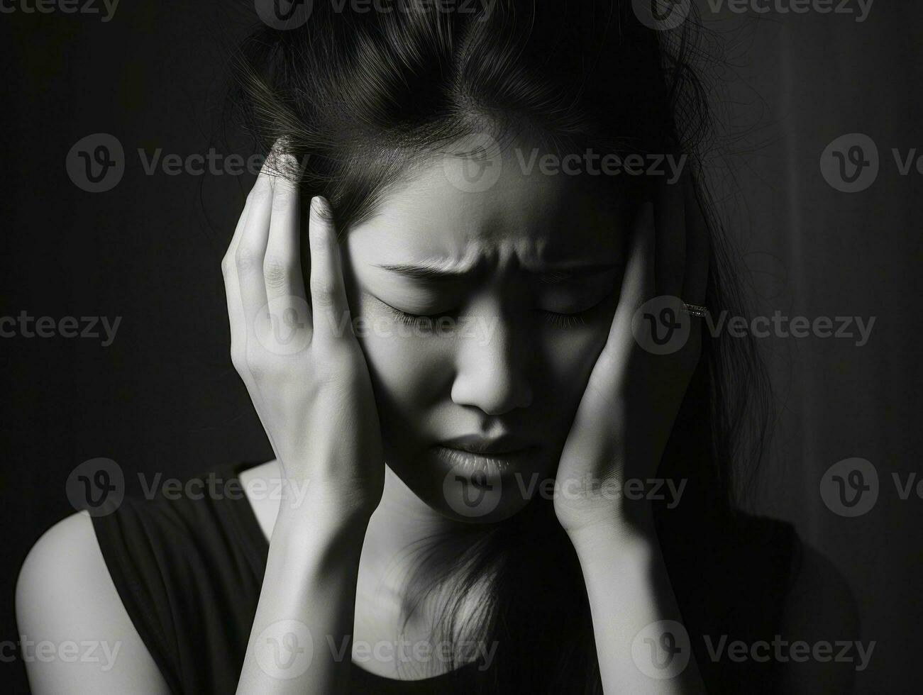 Asian woman appears to be in pain from headache AI Generative photo