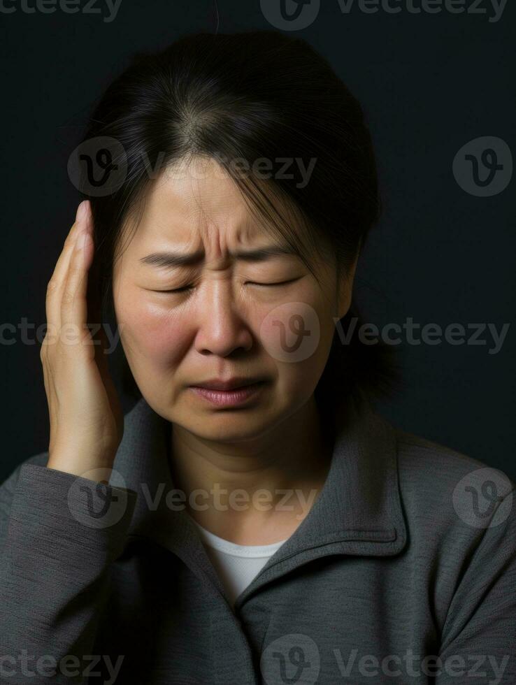 Asian woman appears to be in pain from headache AI Generative photo