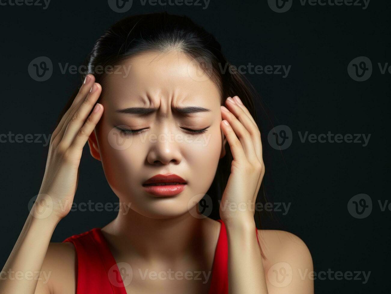 Asian woman appears to be in pain from headache AI Generative photo