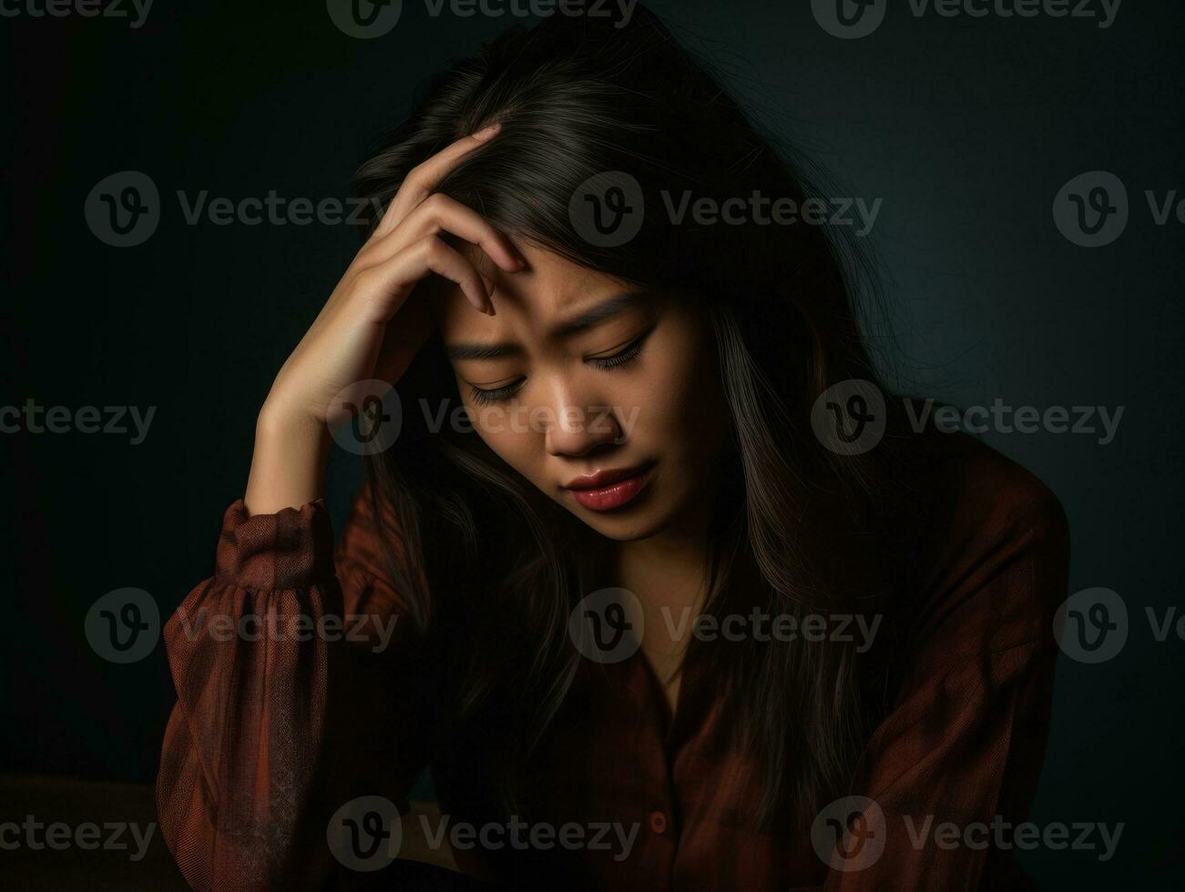 Asian woman appears to be in pain from headache AI Generative photo