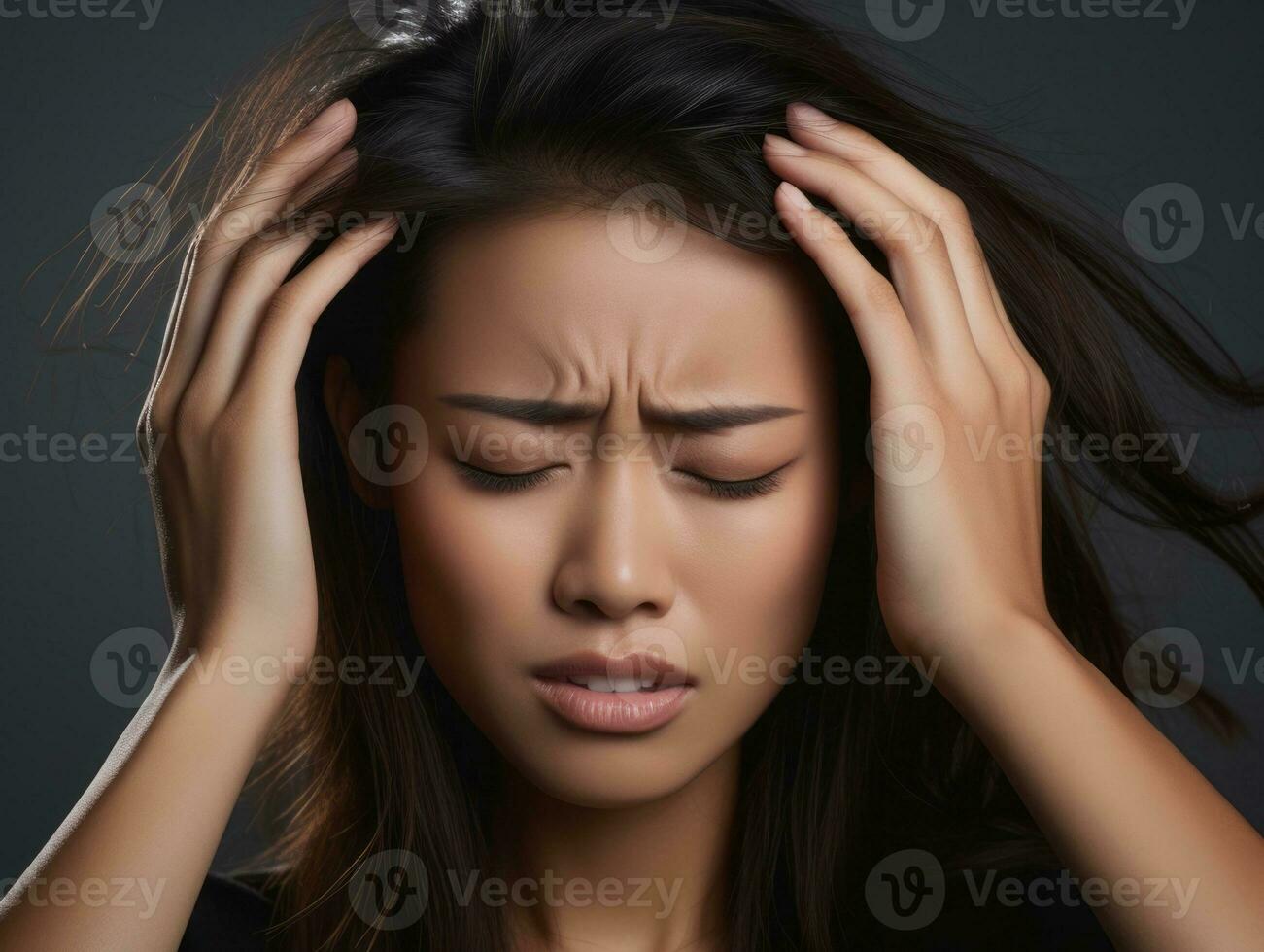 Asian woman appears to be in pain from headache AI Generative photo