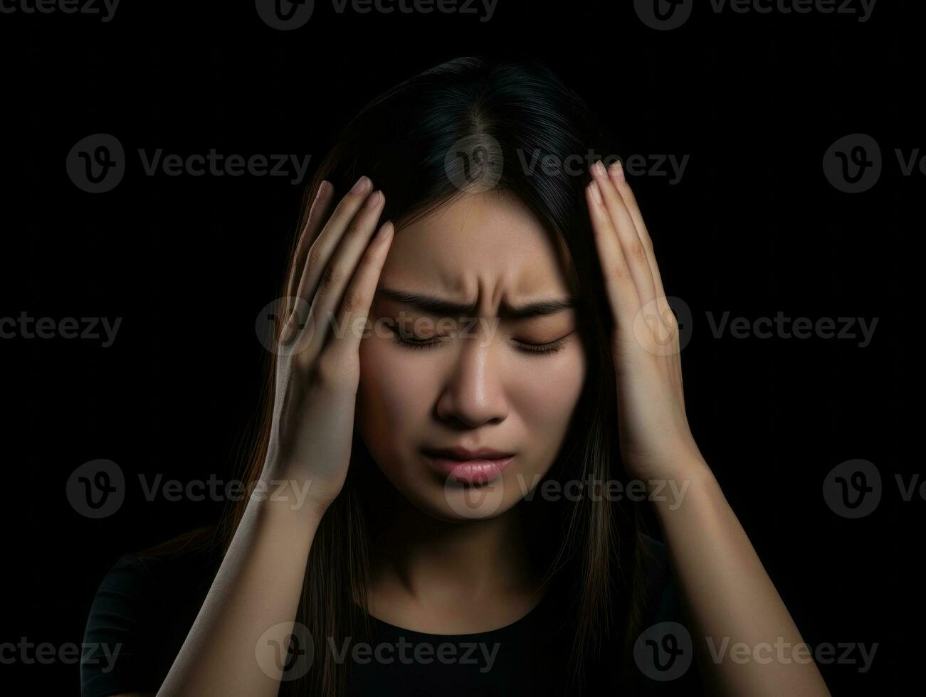 Asian woman appears to be in pain from headache AI Generative photo