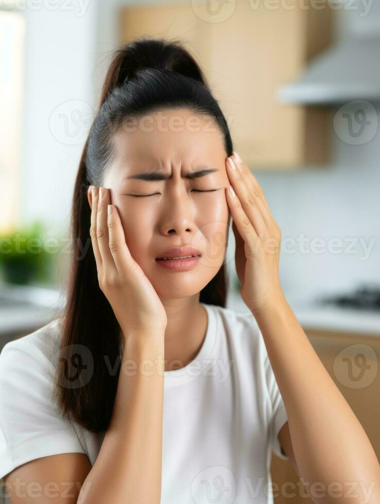 Asian woman appears to be in pain from headache AI Generative photo