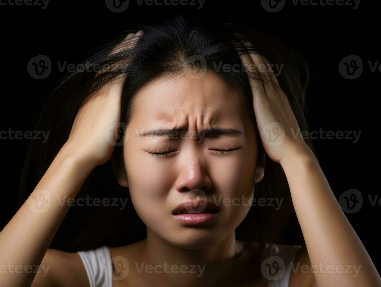 Asian woman appears to be in pain from headache AI Generative photo