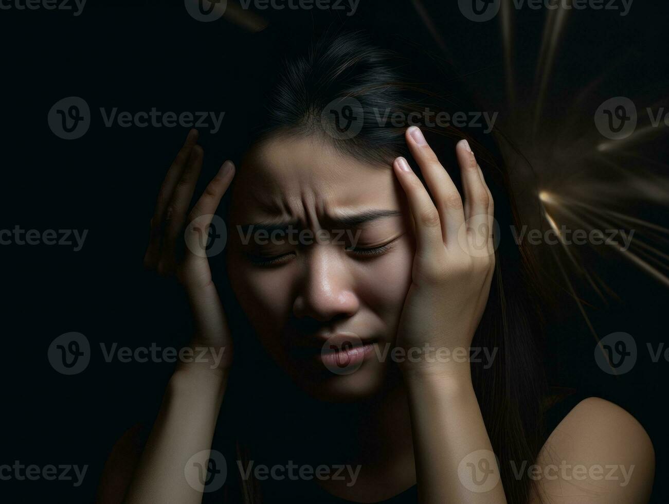 Asian woman appears to be in pain from headache AI Generative photo