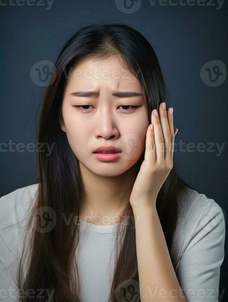 Asian woman appears to be in pain from headache AI Generative photo