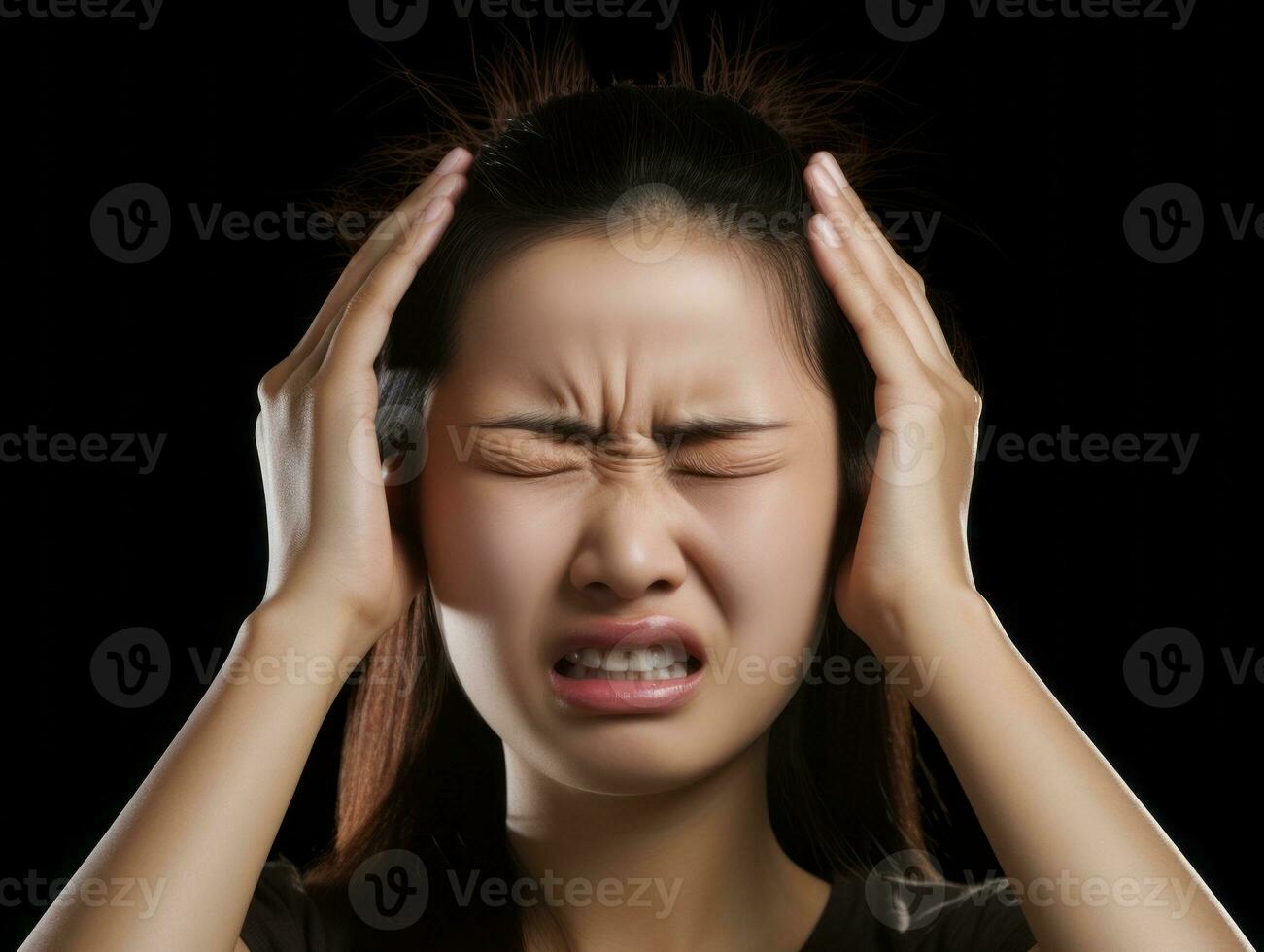 Asian woman appears to be in pain from headache AI Generative photo