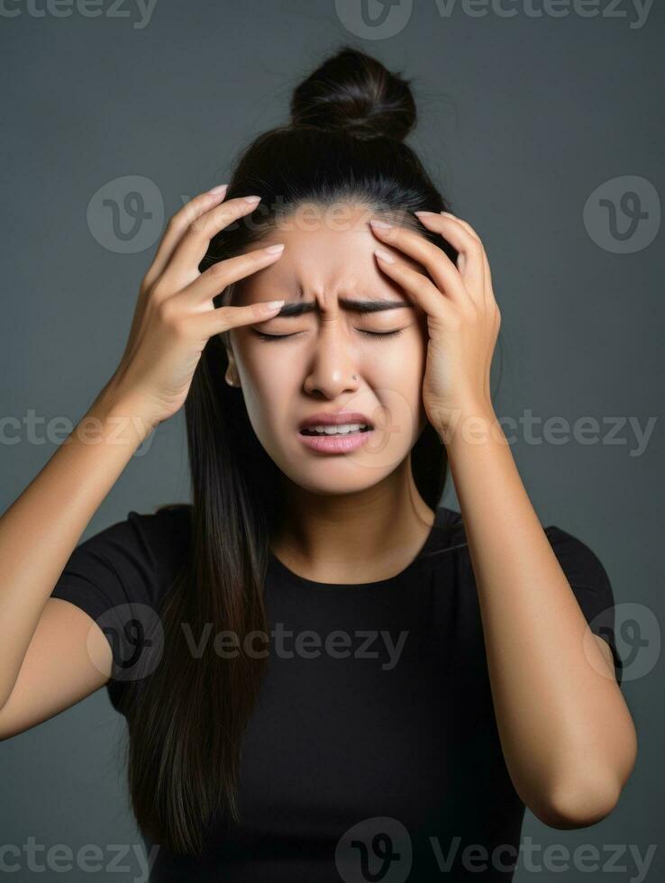 Asian woman appears to be in pain from headache AI Generative photo