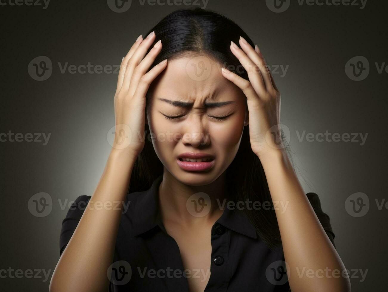 Asian woman appears to be in pain from headache AI Generative photo