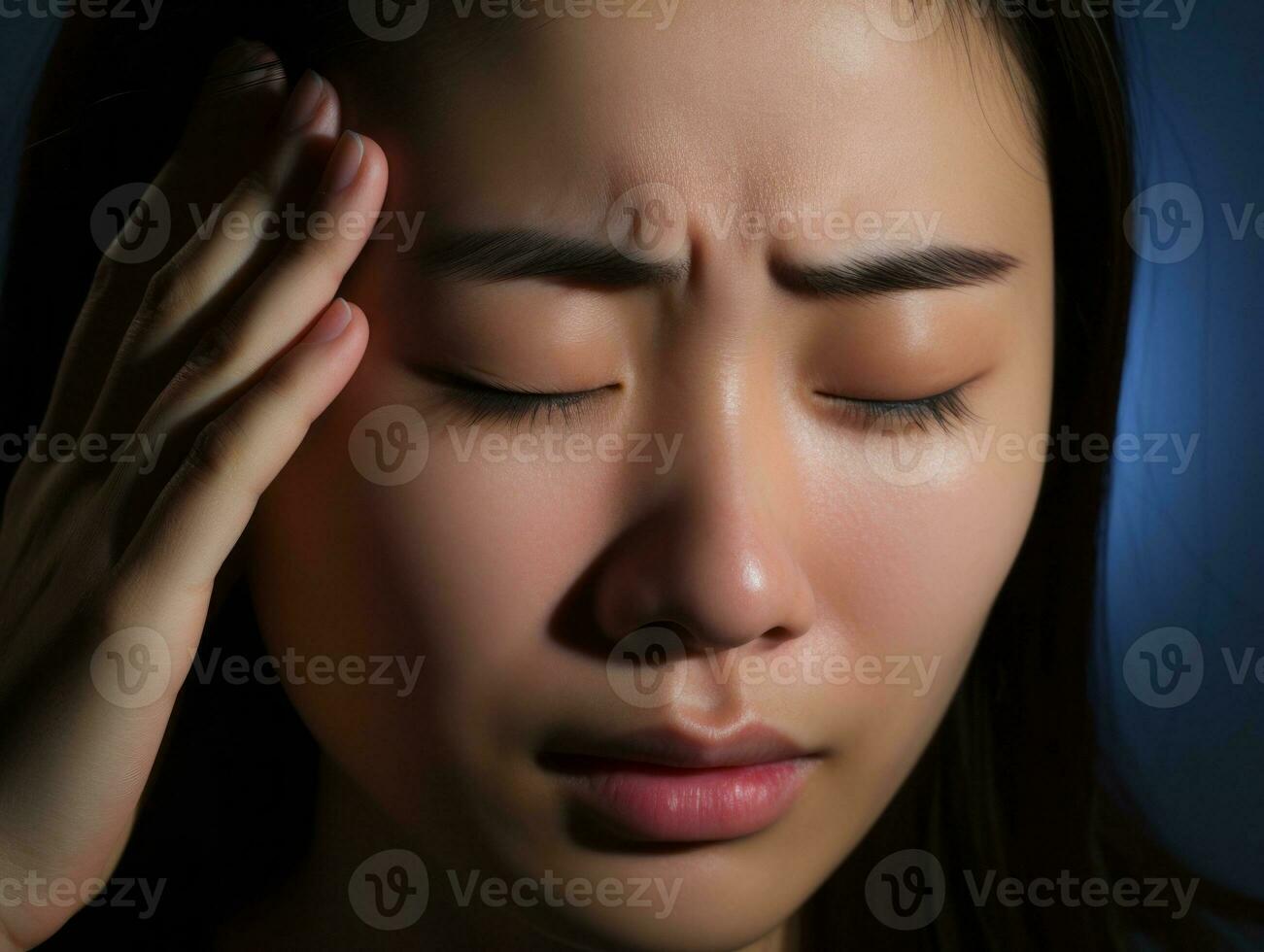 Asian woman appears to be in pain from headache AI Generative photo