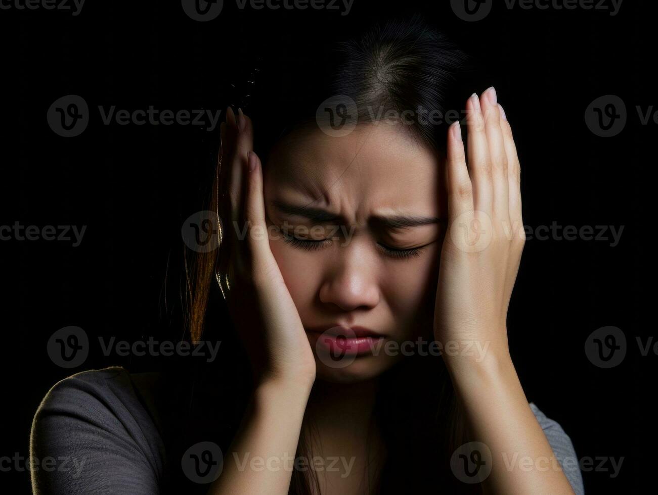 Asian woman appears to be in pain from headache AI Generative photo