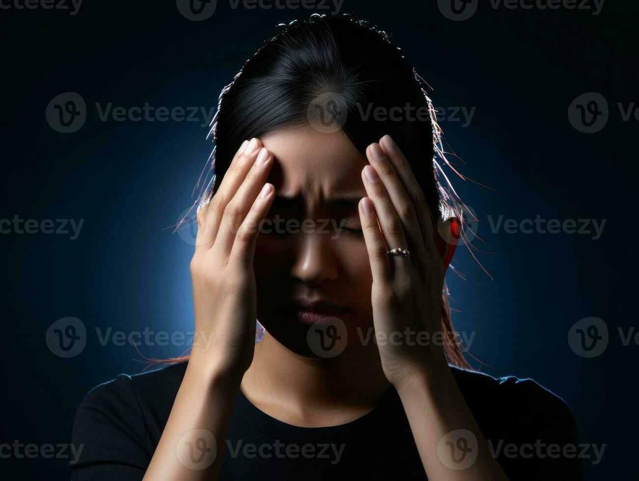 Asian woman appears to be in pain from headache AI Generative photo