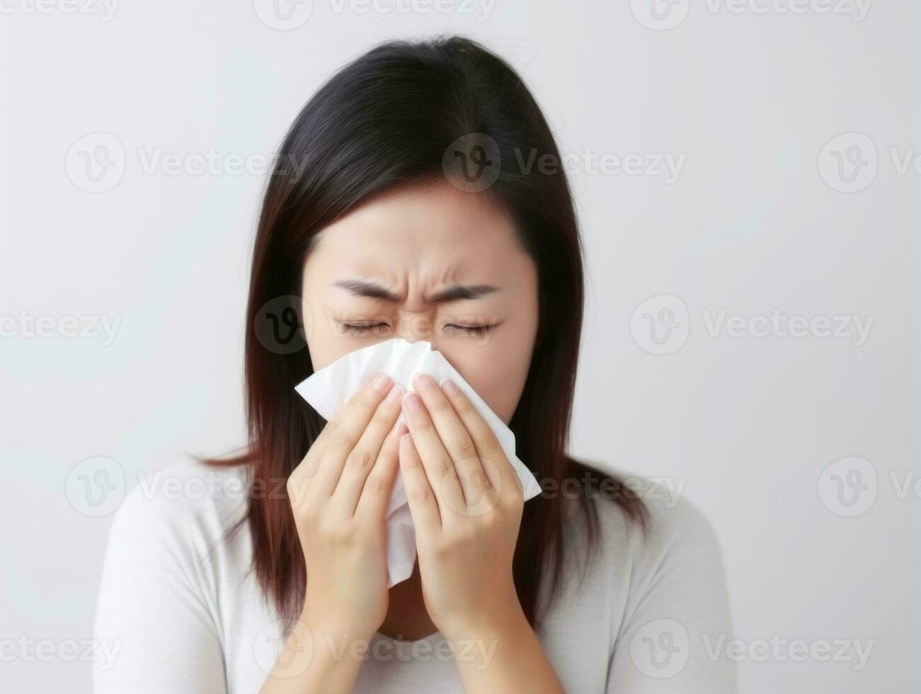 Asian woman is shown suffering from cold with runny nose on grey background AI Generative photo