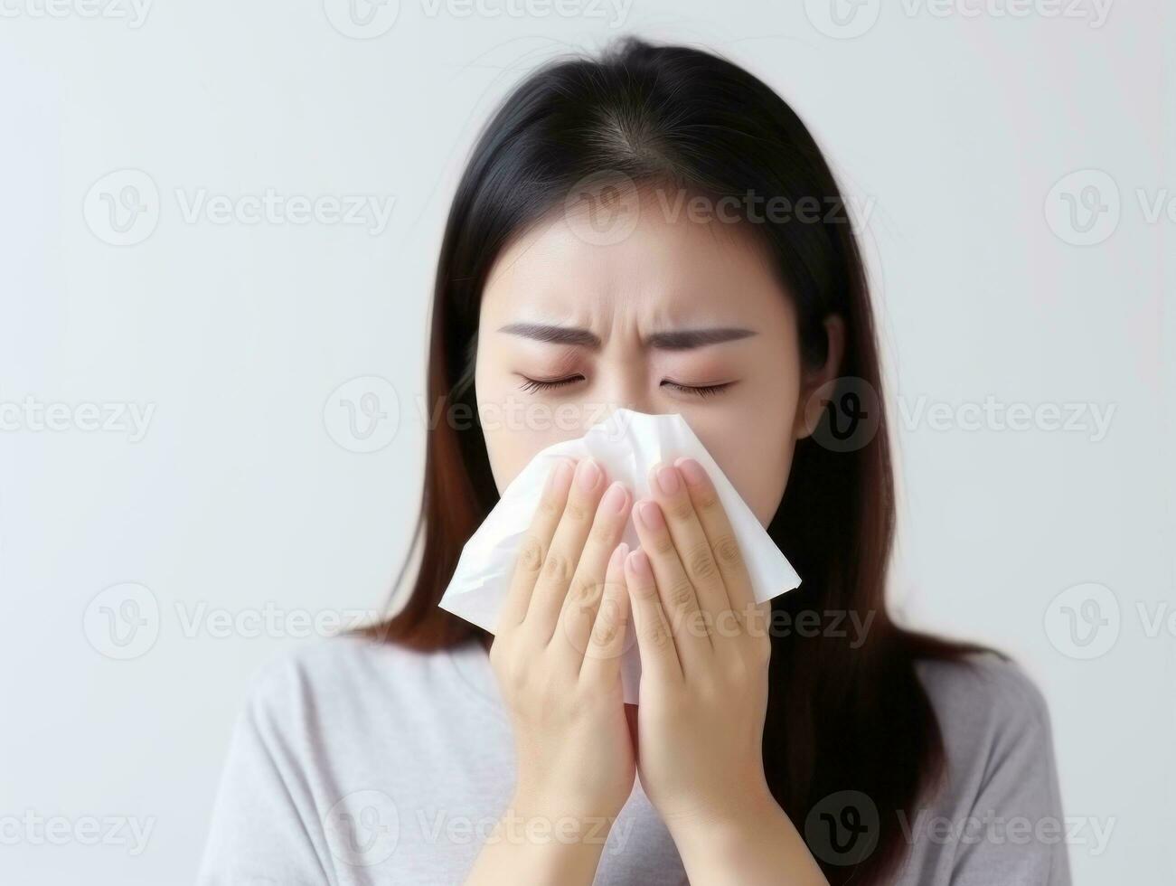 Asian woman is shown suffering from cold with runny nose on grey background AI Generative photo