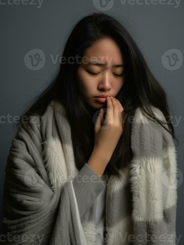 Asian woman is shown suffering from cold with runny nose on grey background AI Generative photo