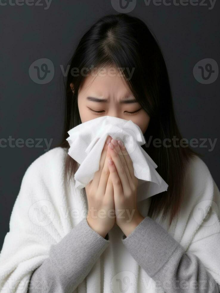 Asian woman is shown suffering from cold with runny nose on grey background AI Generative photo