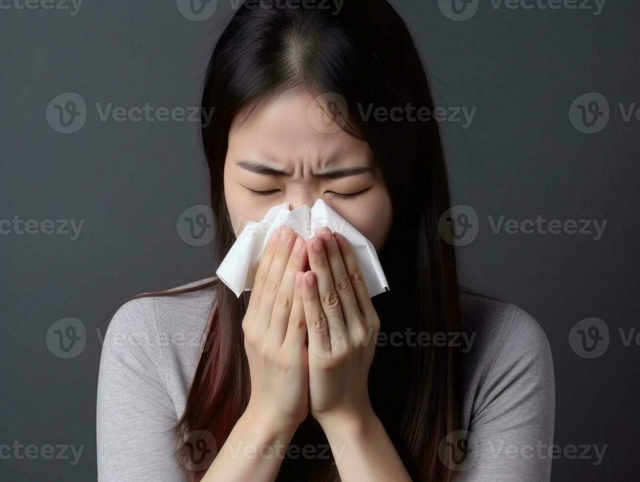 Asian woman is shown suffering from cold with runny nose on grey background AI Generative photo