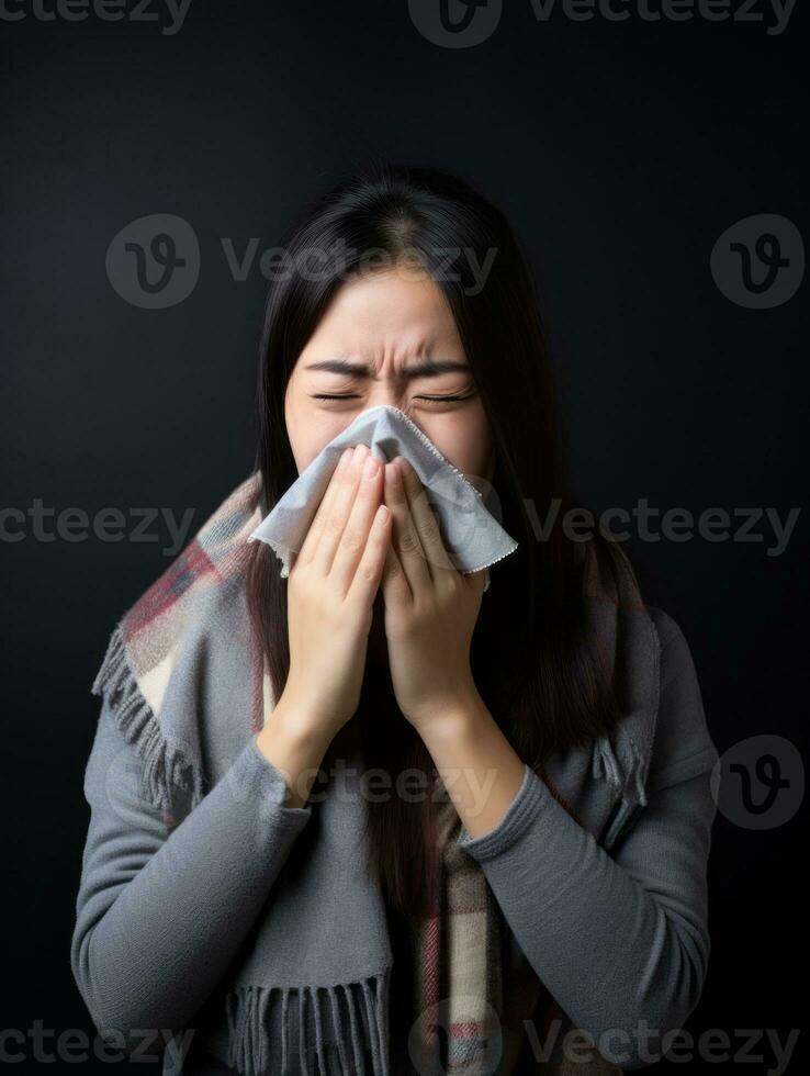 Asian woman is shown suffering from cold with runny nose on grey background AI Generative photo