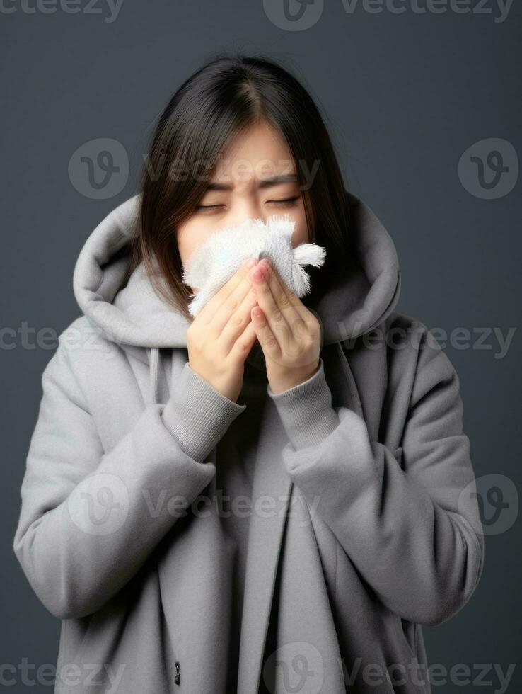 Asian woman is shown suffering from cold with runny nose on grey background AI Generative photo