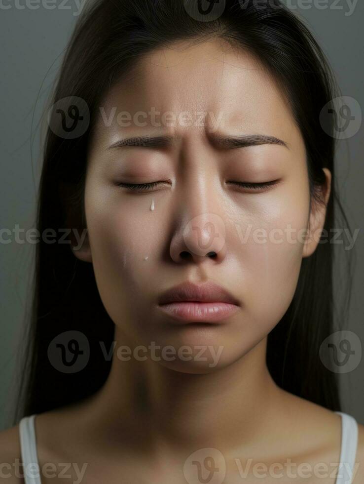 Asian woman is shown suffering from cold with runny nose on grey background AI Generative photo