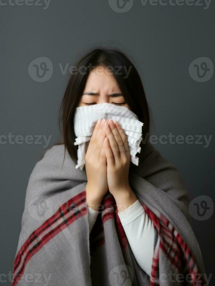 Asian woman is shown suffering from cold with runny nose on grey background AI Generative photo