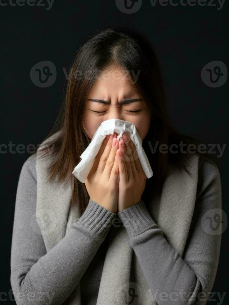 Asian woman is shown suffering from cold with runny nose on grey background AI Generative photo