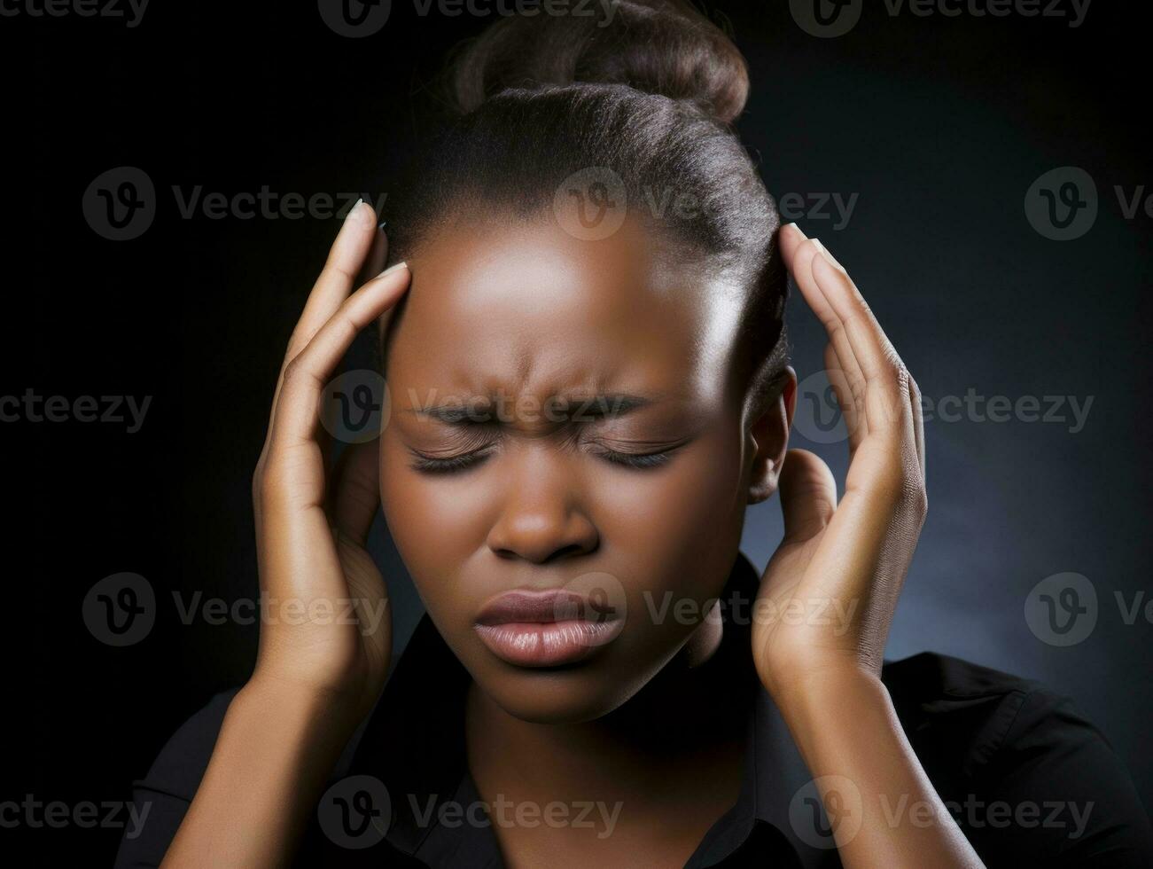 Black woman appears to be in pain from headache AI Generative photo