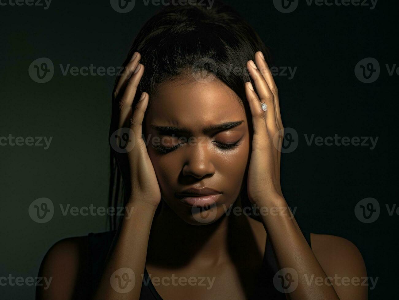 Black woman appears to be in pain from headache AI Generative photo